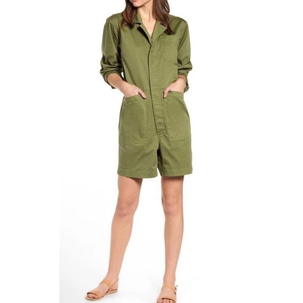 Women's Alex Mill Utility Shorts Jumpsuit Button Front Small‎ Oversized Military